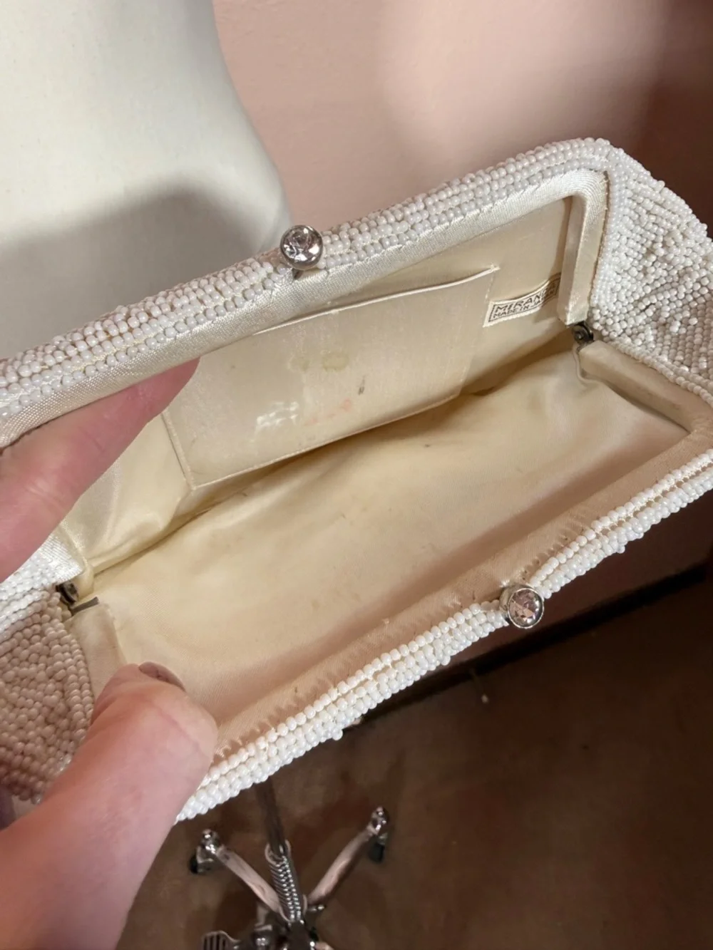 Vintage 1940’s Art Deco Heavy glass beaded white Evening clutch bag Wedding